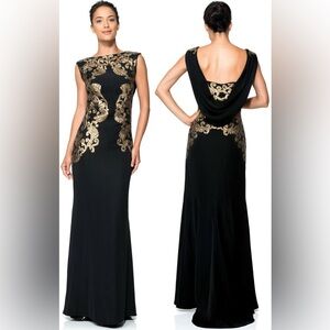 Tadashi Shoji Crepe Draped Open Back Gold Sequin Lace Dress Gown